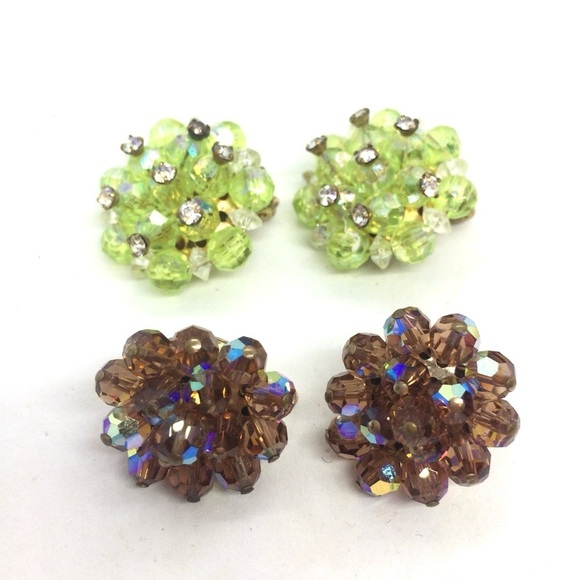 3/$30 VINTAGE CLUSTER CLIP ON EARRINGS AB AURORA BOREALIS BEADED GREEN BROWN MCM - Picture 4 of 9